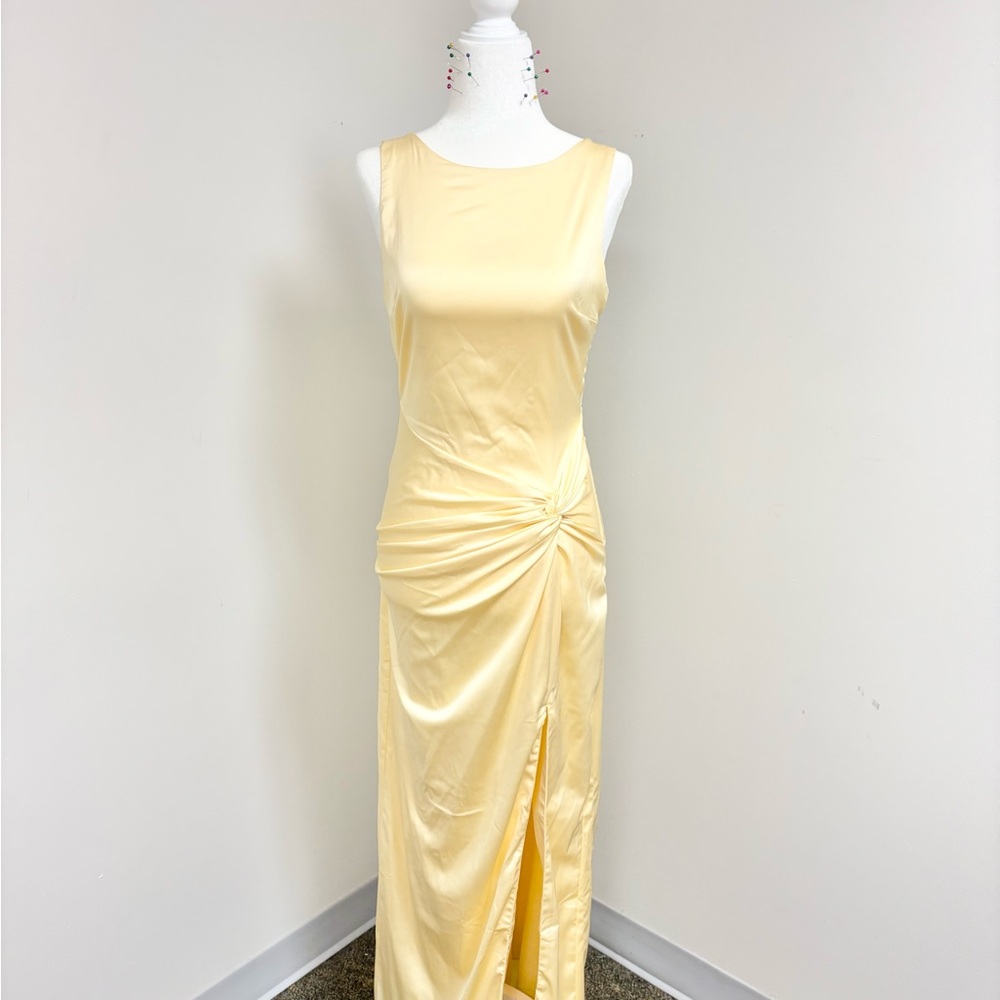 Abercrombie & Fitch Pale Yellow Satin Maxi Dress with Side Knot